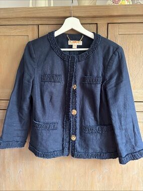 Michael Kors Navy Linen Denim Ruffle-Trim Blazer with Gold Buttons Sz 10
